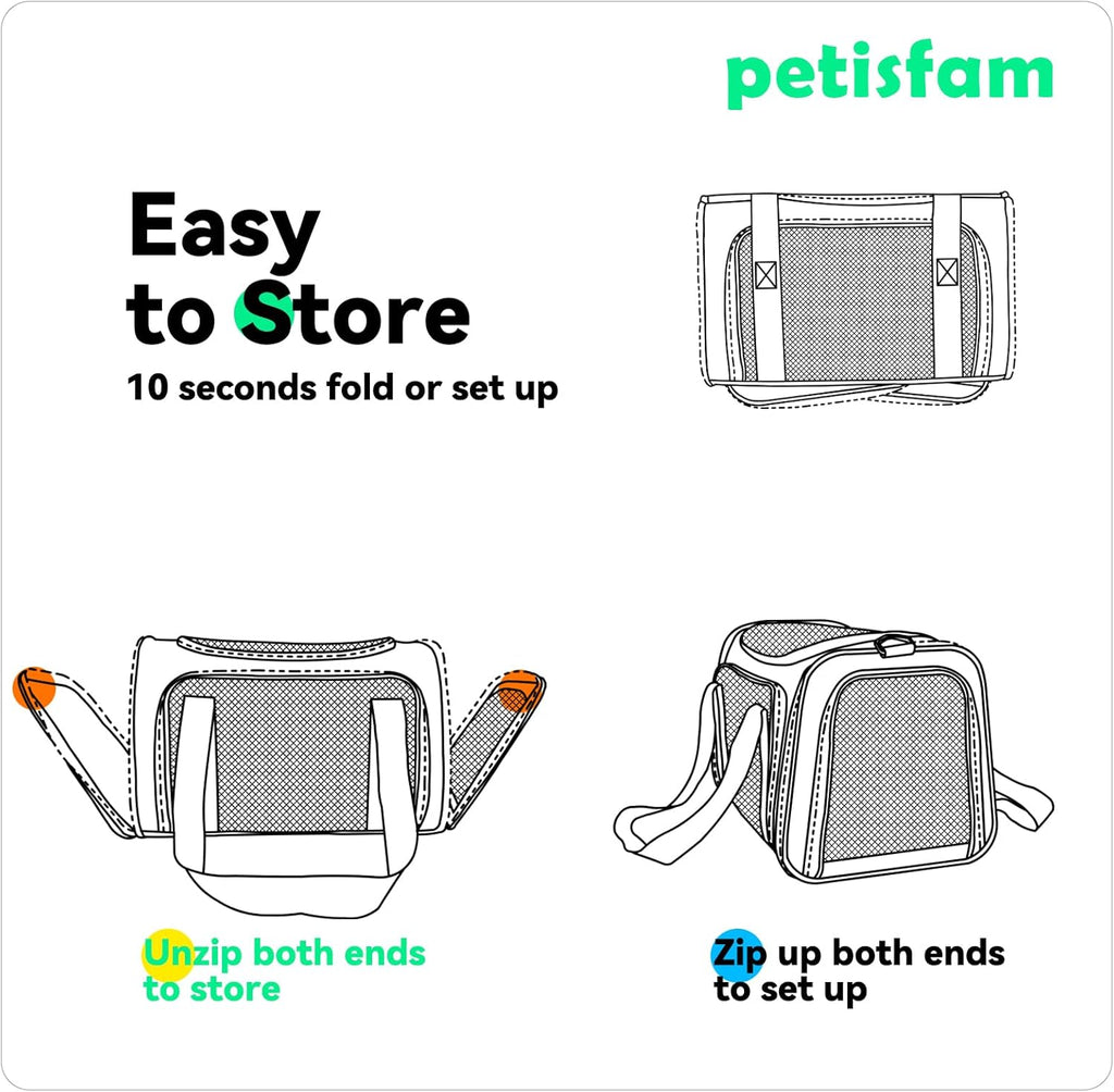 Quick-In Pet Carrier Bag for Cats & Dogs. Airy Mesh Windows Let Fur-Kids See You Reduce Anxiety & Breath Easy. Rip-Stop Fabric & Lockable Zips Hug Securely. Washable Comfy Pad. Collapsible