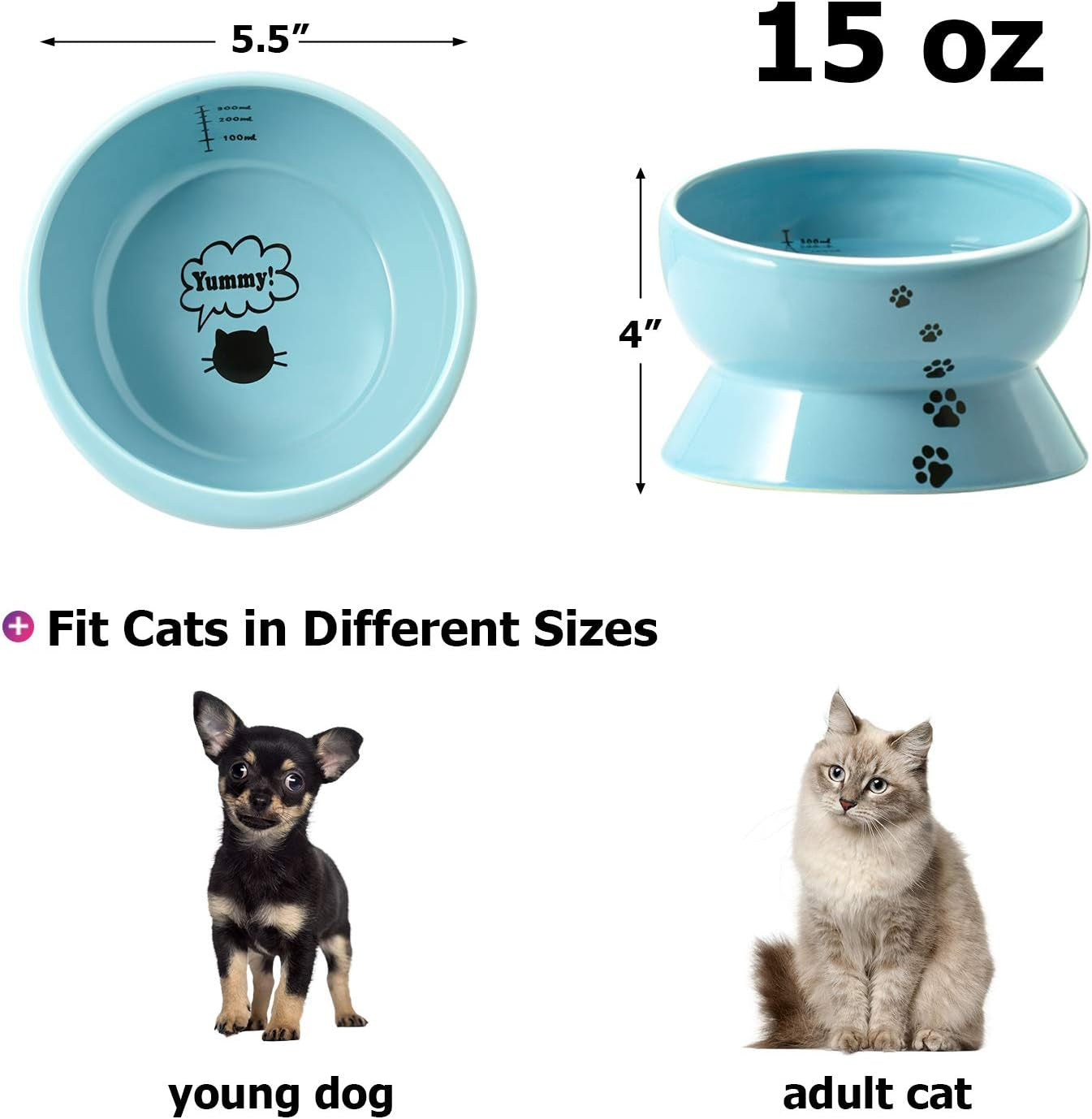 Ceramic 15 Ounce Slanted Cat Food Water Bowl, Lake Blue