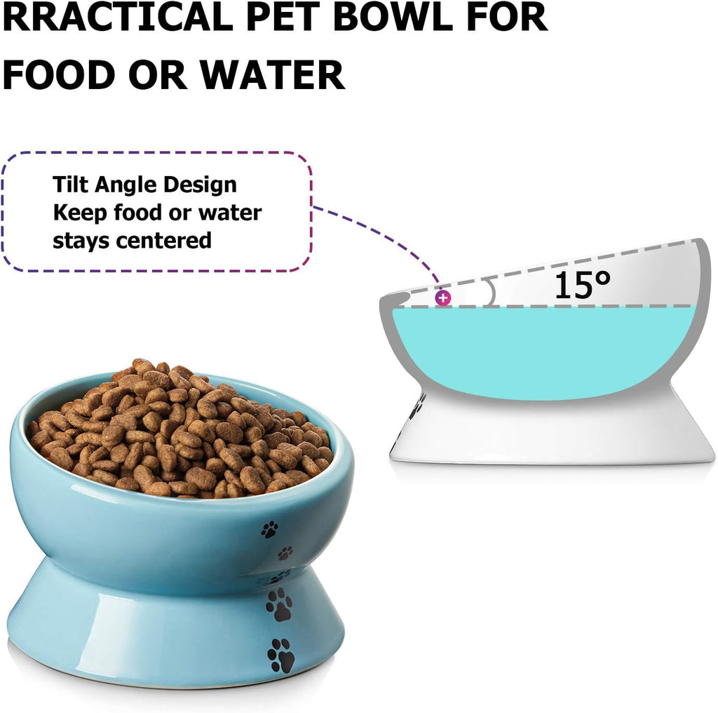 Ceramic 15 Ounce Slanted Cat Food Water Bowl, Lake Blue