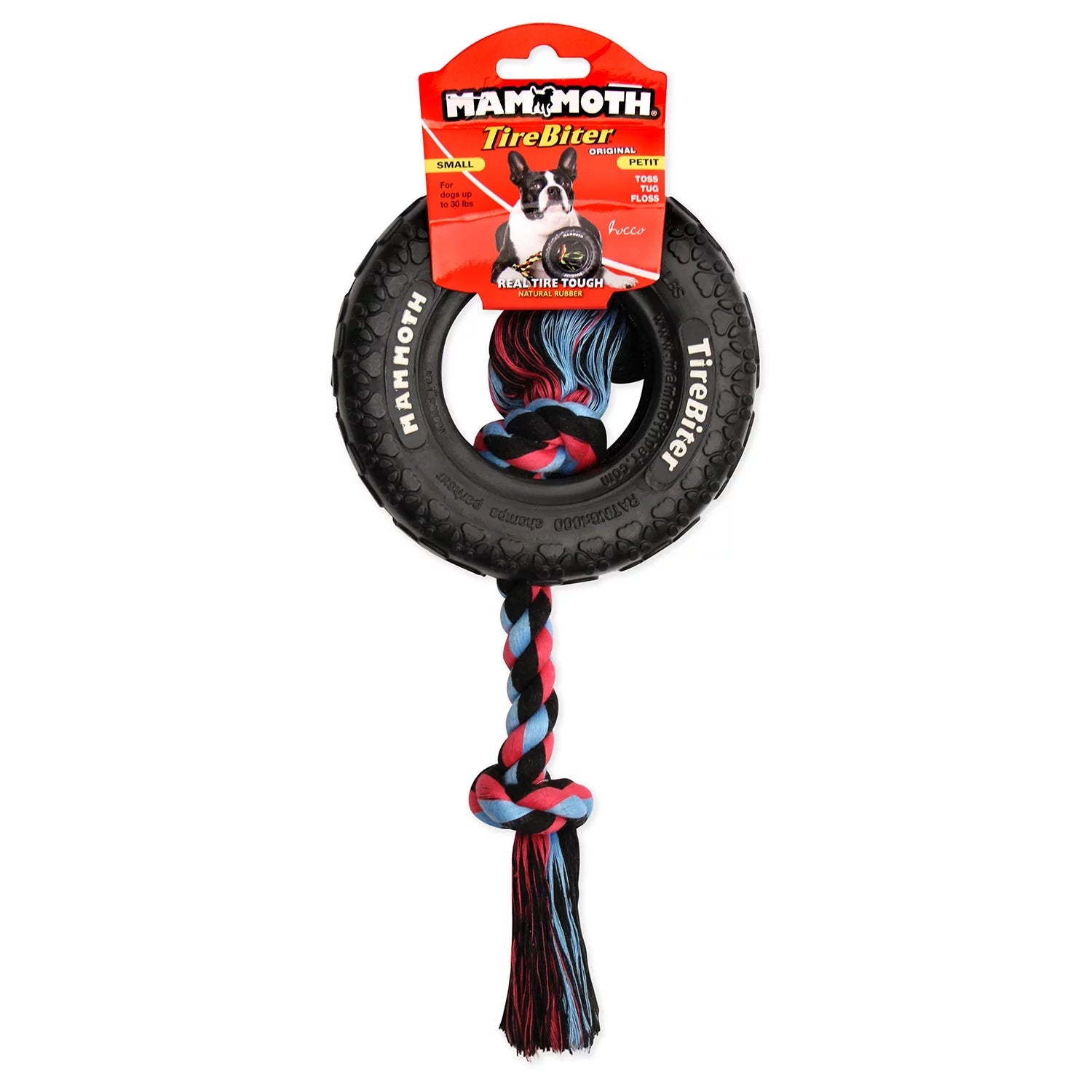 Tirebiter Original Rubber Dog Toy with Cottonblend Assorted Color Rope, Small 6"