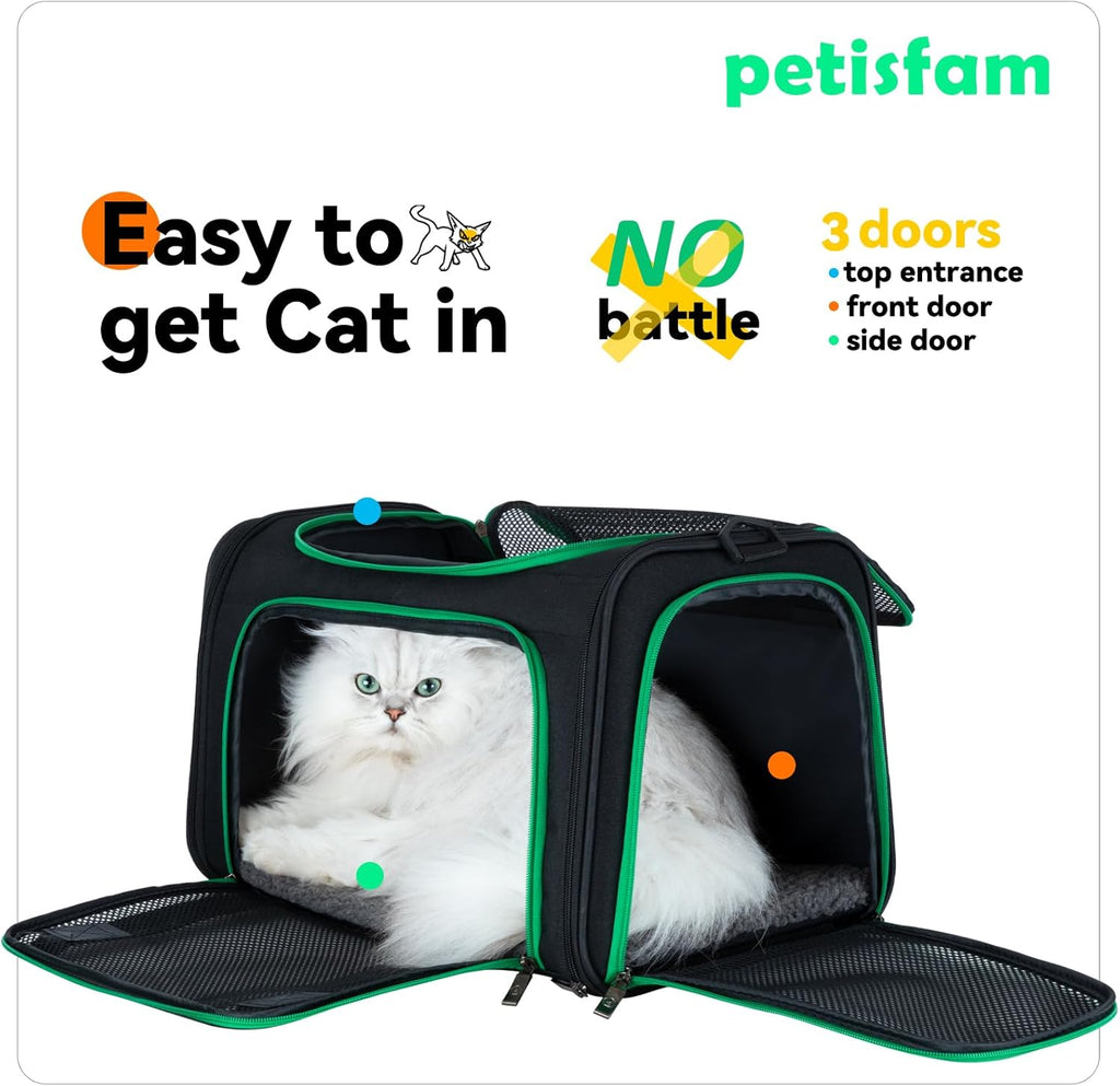 Quick-In Pet Carrier Bag for Cats & Dogs. Airy Mesh Windows Let Fur-Kids See You Reduce Anxiety & Breath Easy. Rip-Stop Fabric & Lockable Zips Hug Securely. Washable Comfy Pad. Collapsible